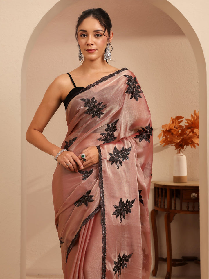 Libas Mauve Floral Embroidered Organza Saree