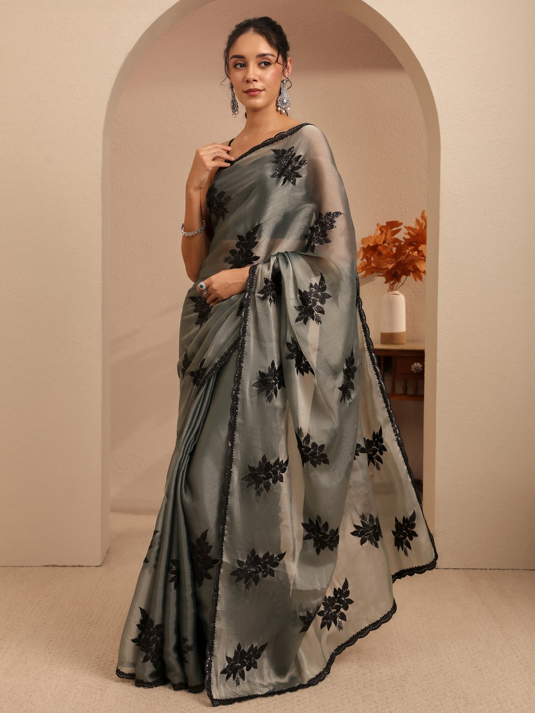 Libas Grey Floral Embroidered Organza Saree
