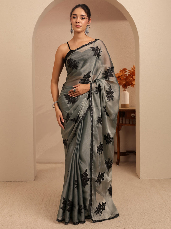 Libas Grey Floral Embroidered Organza Saree