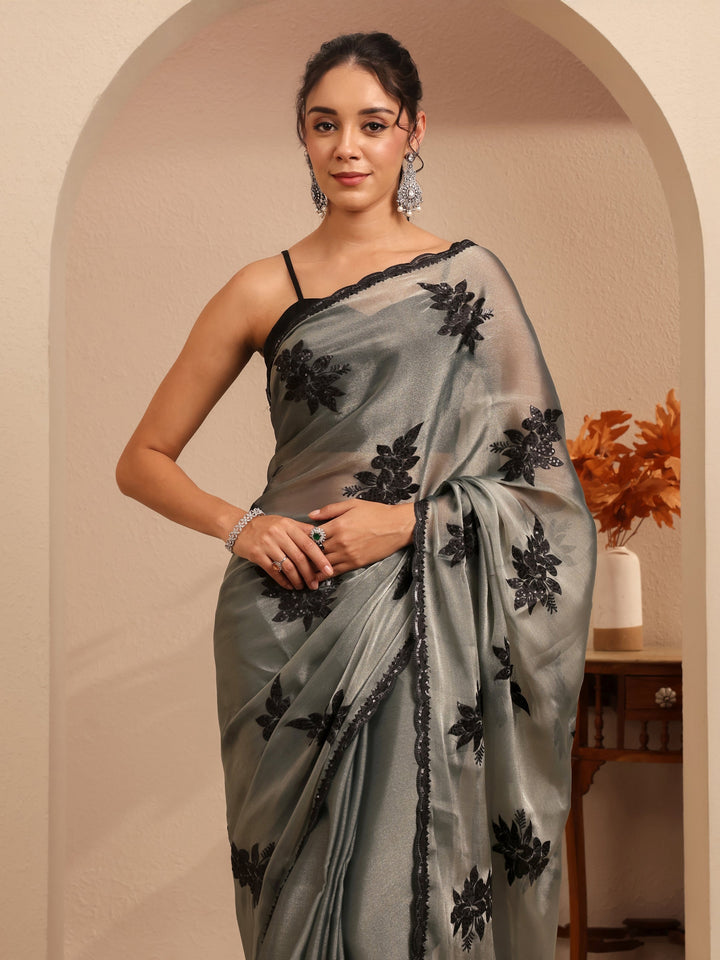 Libas Grey Floral Embroidered Organza Saree