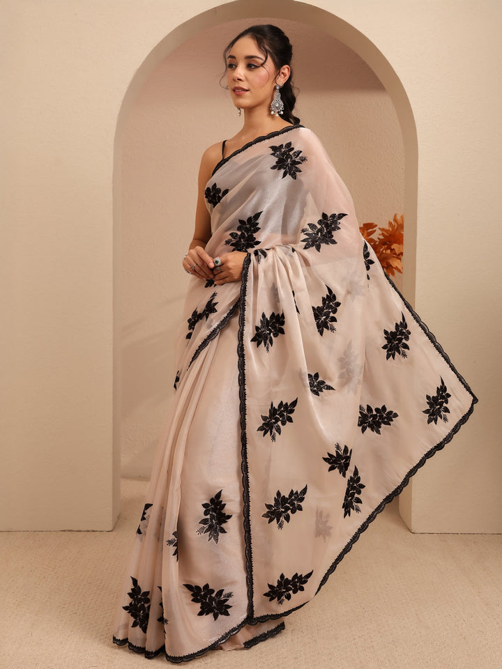 Libas Cream Floral Embroidered Organza Saree