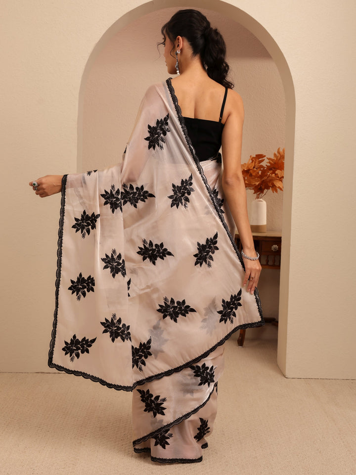 Libas Cream Floral Embroidered Organza Saree