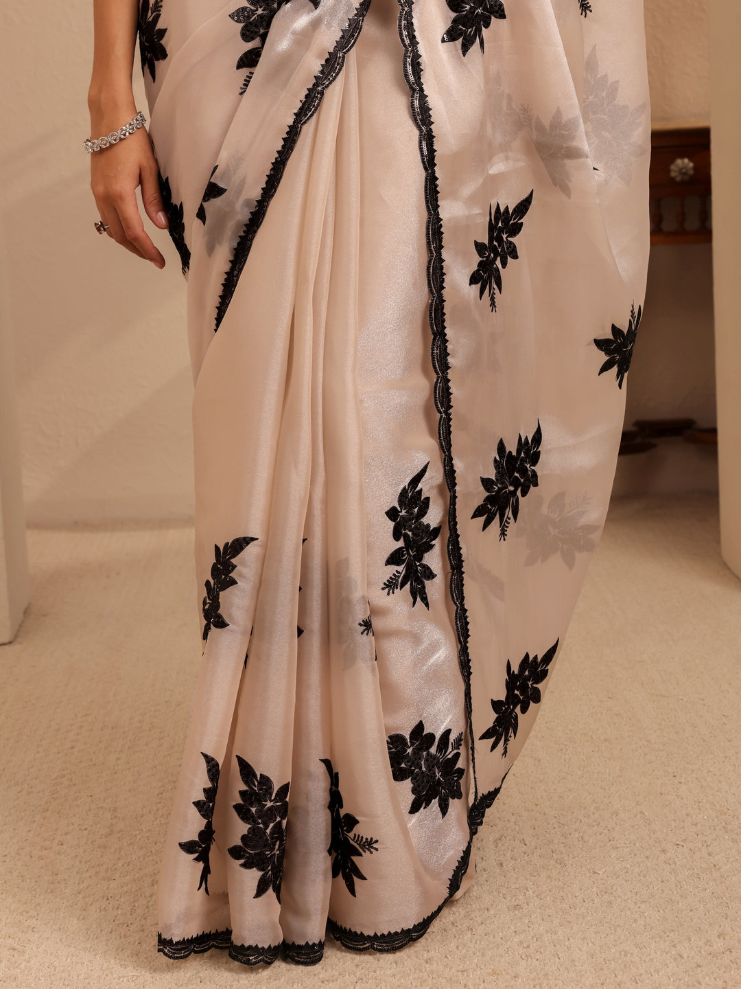 Libas Cream Floral Embroidered Organza Saree