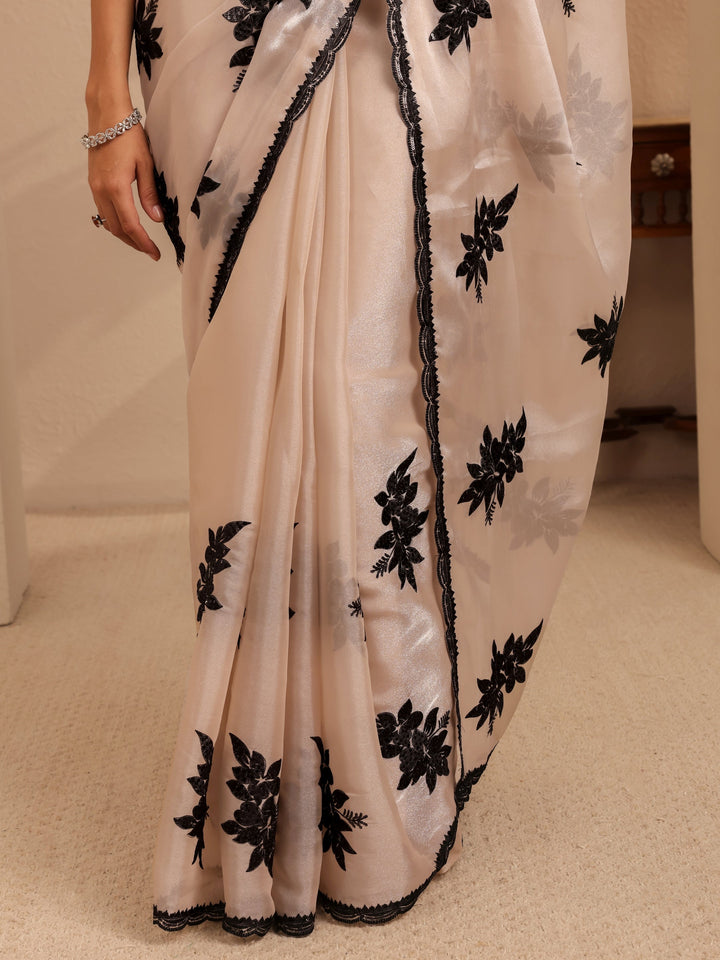 Libas Cream Floral Embroidered Organza Saree