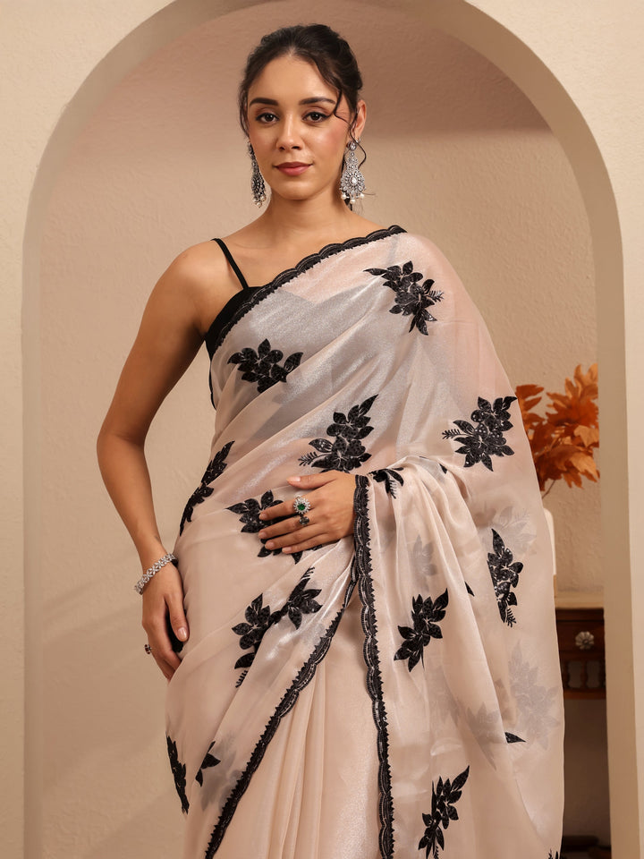 Libas Cream Floral Embroidered Organza Saree