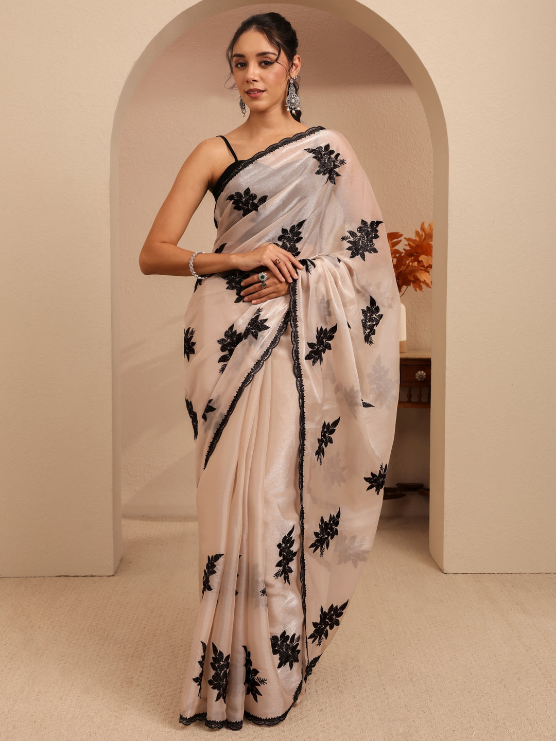 Libas Cream Floral Embroidered Organza Saree