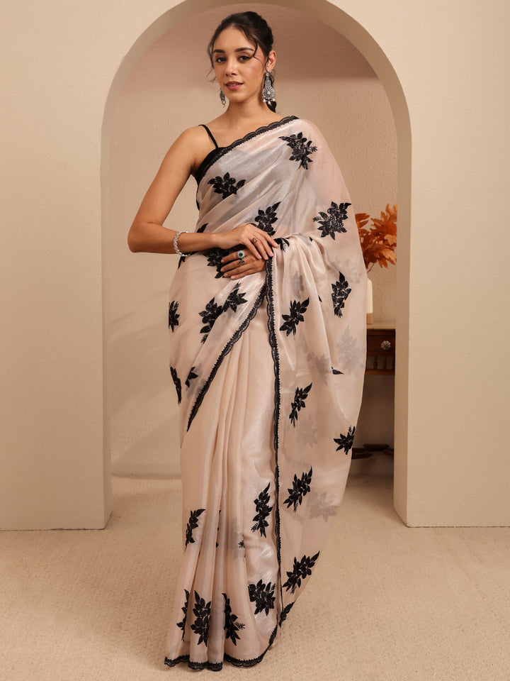 Libas Cream Floral Embroidered Organza Saree