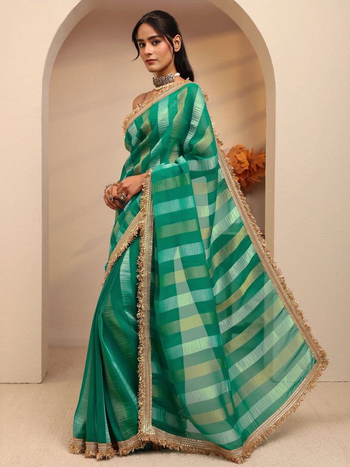 Libas Green Striped Woven Design Tissue Saree