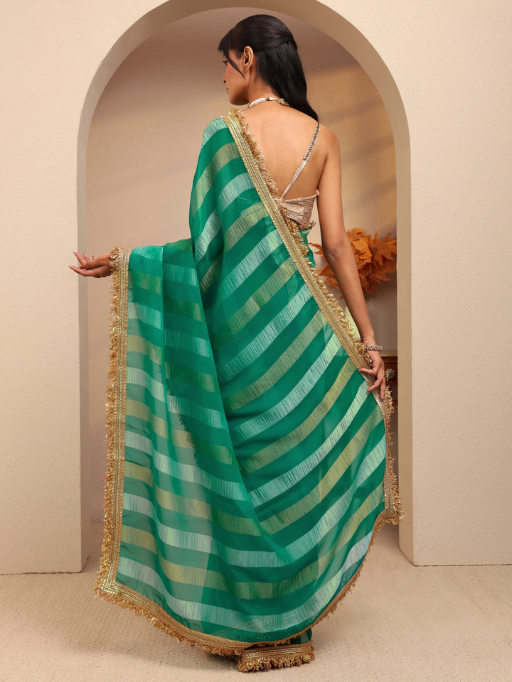 Libas Green Striped Woven Design Tissue Saree