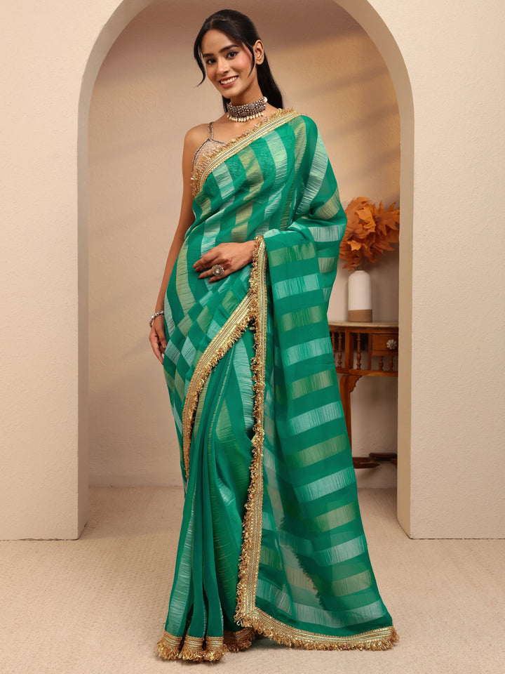 Libas Green Striped Woven Design Tissue Saree