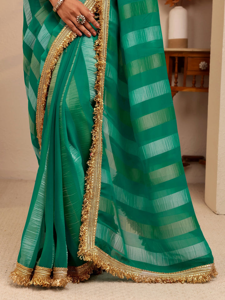 Libas Green Striped Woven Design Tissue Saree