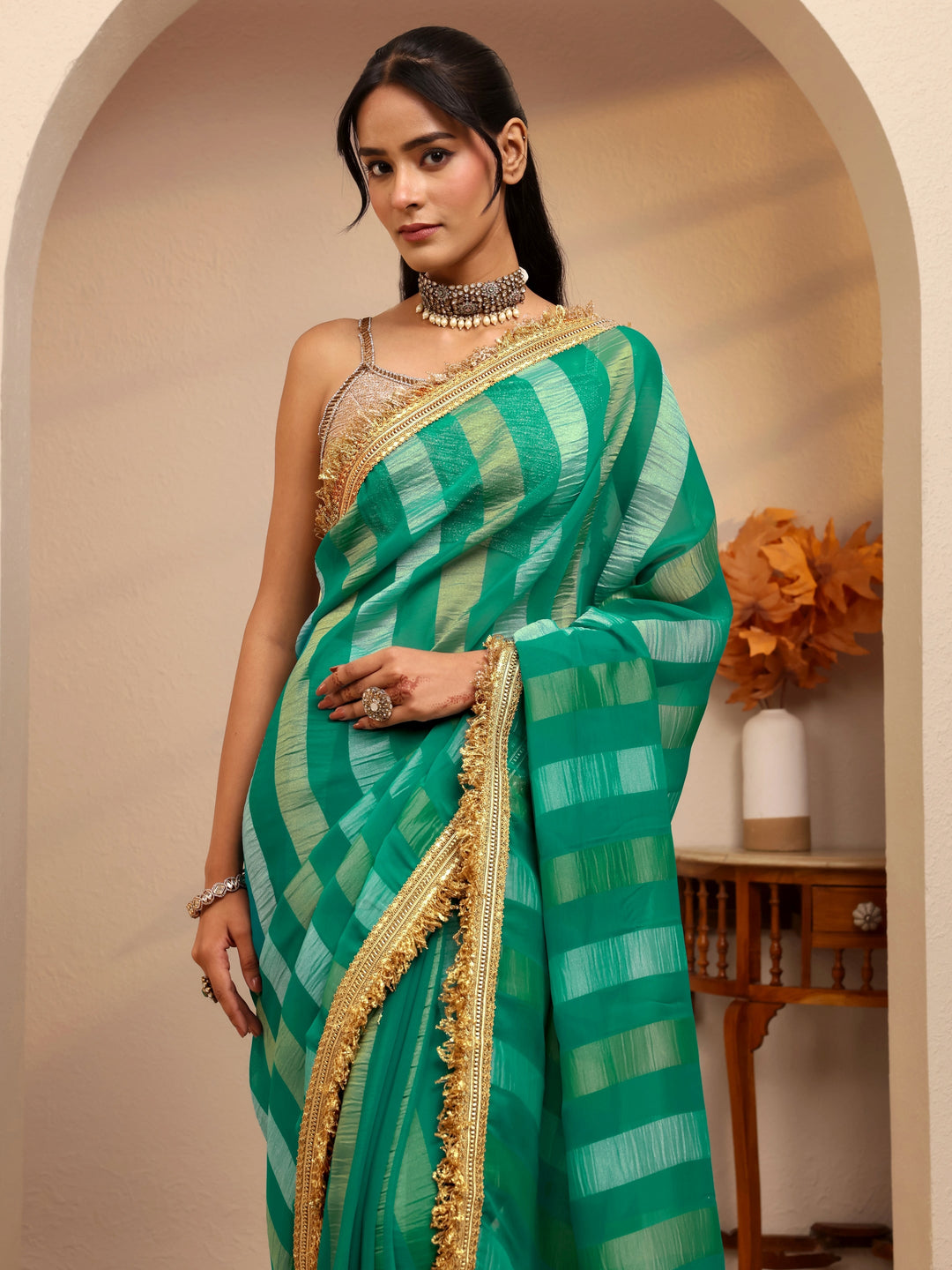 Libas Green Striped Woven Design Tissue Saree