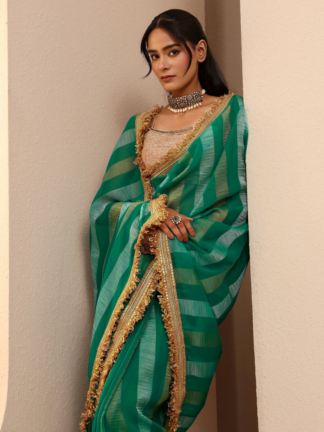 Libas Green Striped Woven Design Tissue Saree