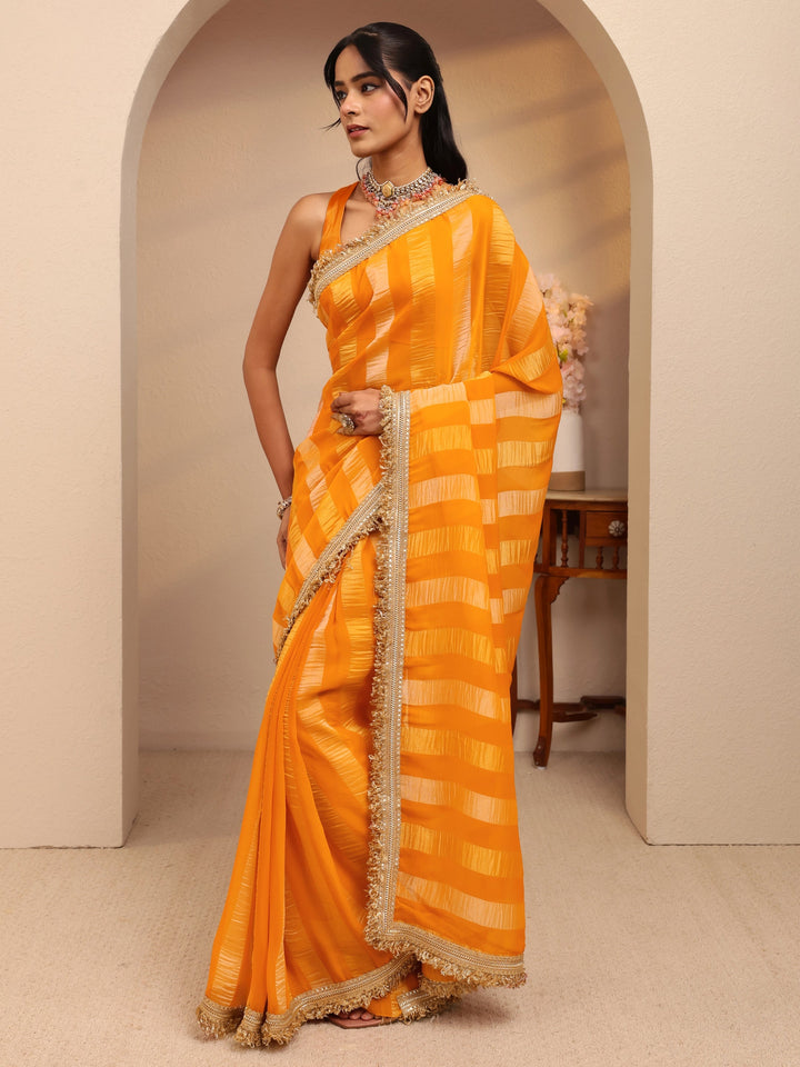 Libas Mustard Striped Woven Design Tissue Saree