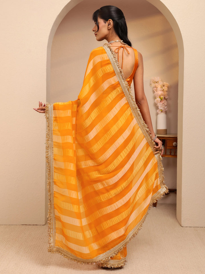 Libas Mustard Striped Woven Design Tissue Saree