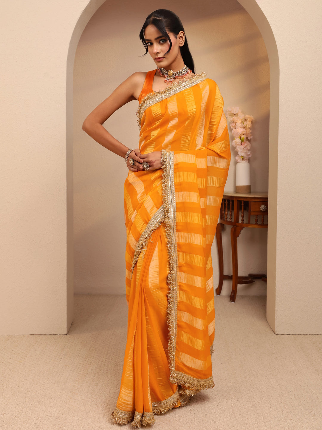 Libas Mustard Striped Woven Design Tissue Saree