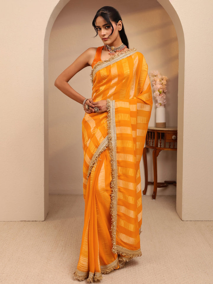 Libas Mustard Striped Woven Design Tissue Saree