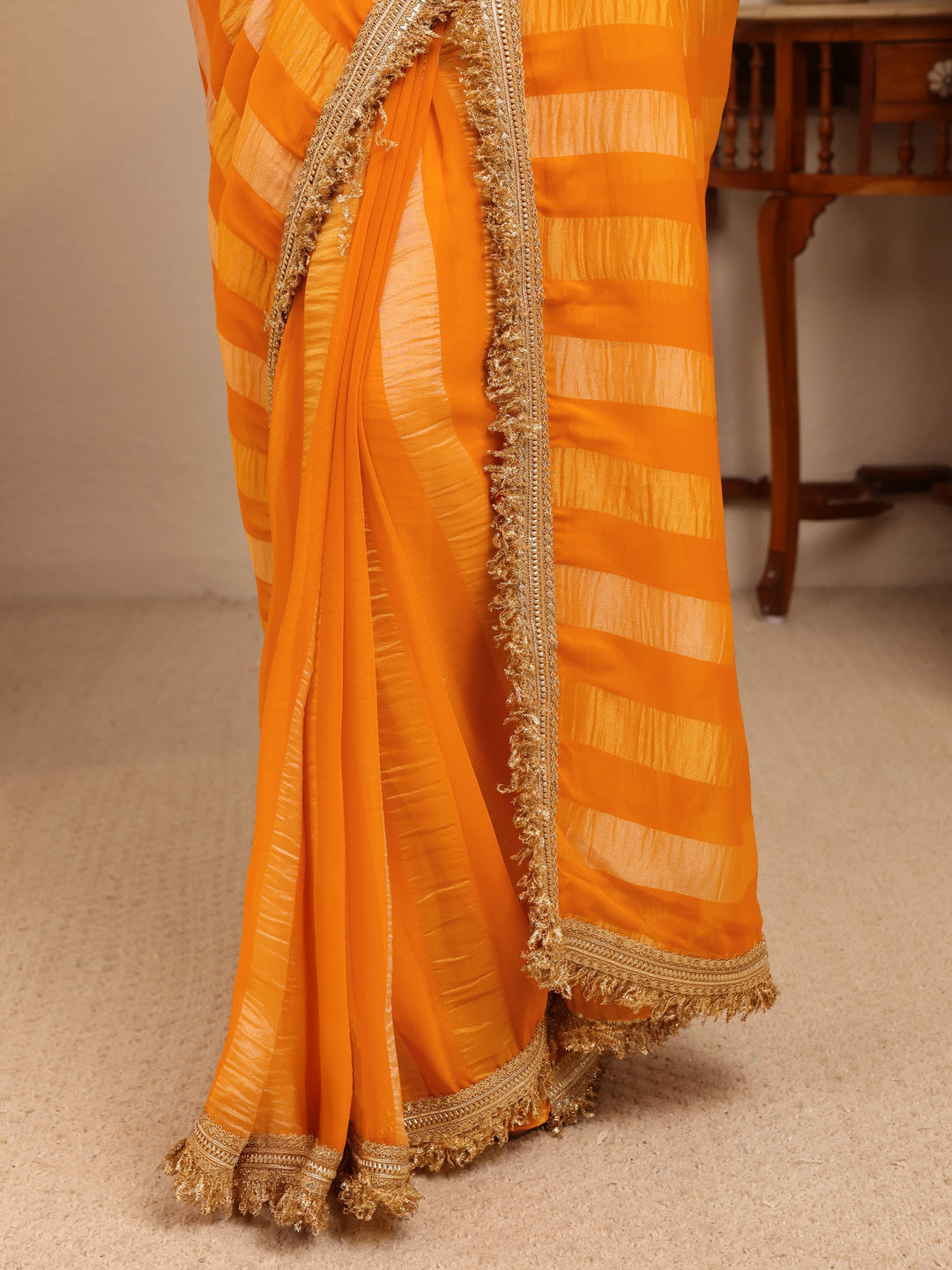 Libas Mustard Striped Woven Design Tissue Saree