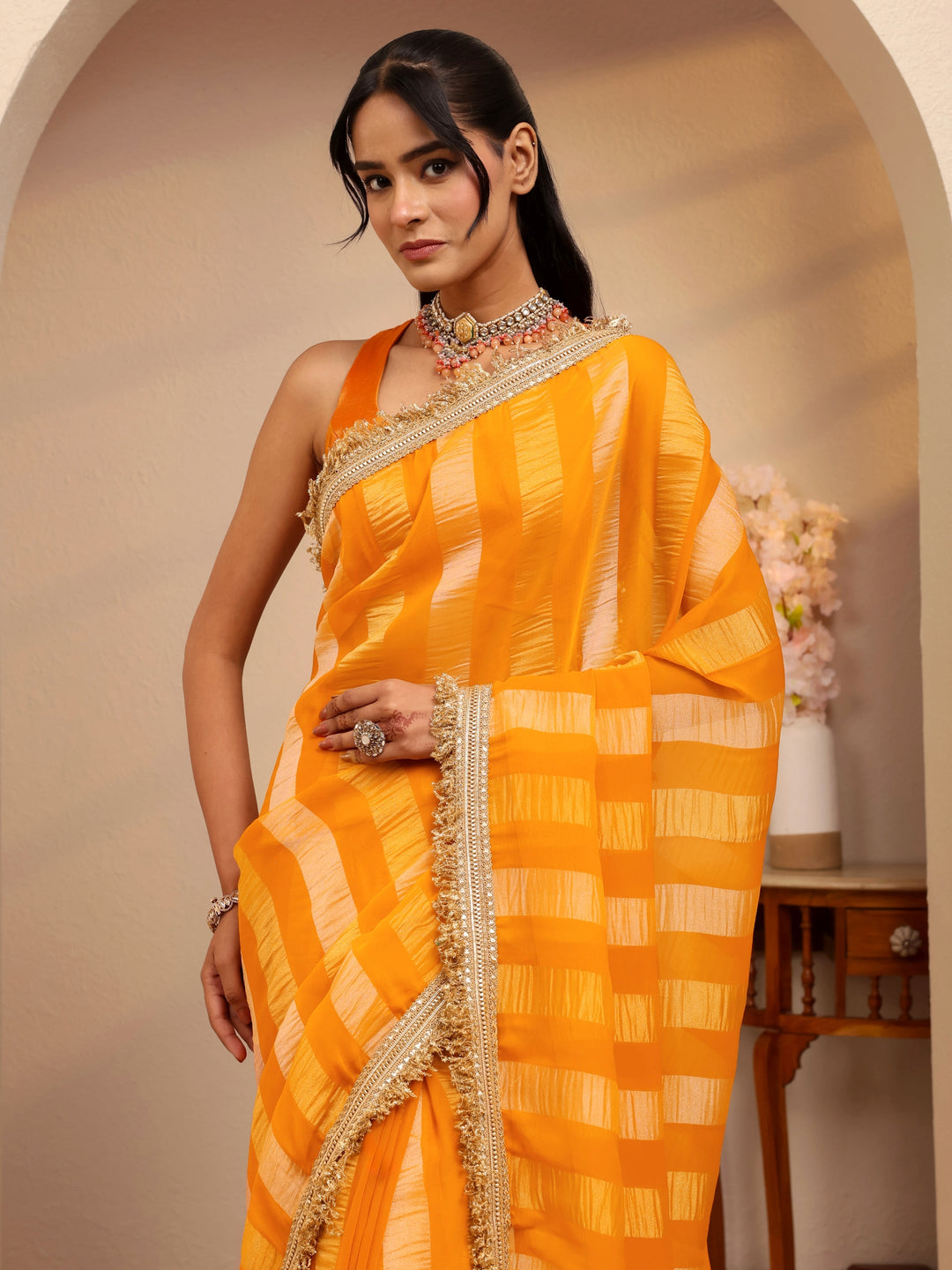 Libas Mustard Striped Woven Design Tissue Saree