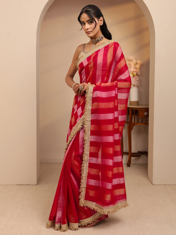 Libas Pink Striped Woven Design Tissue Saree