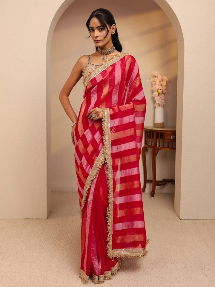 Libas Pink Striped Woven Design Tissue Saree