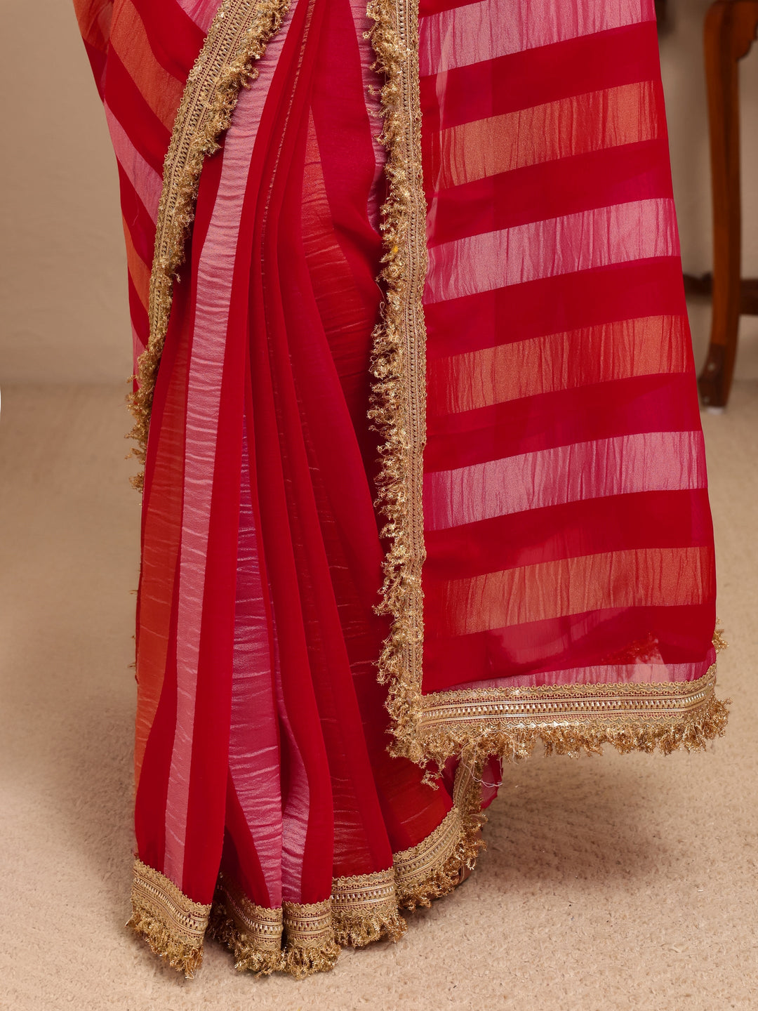 Libas Pink Striped Woven Design Tissue Saree