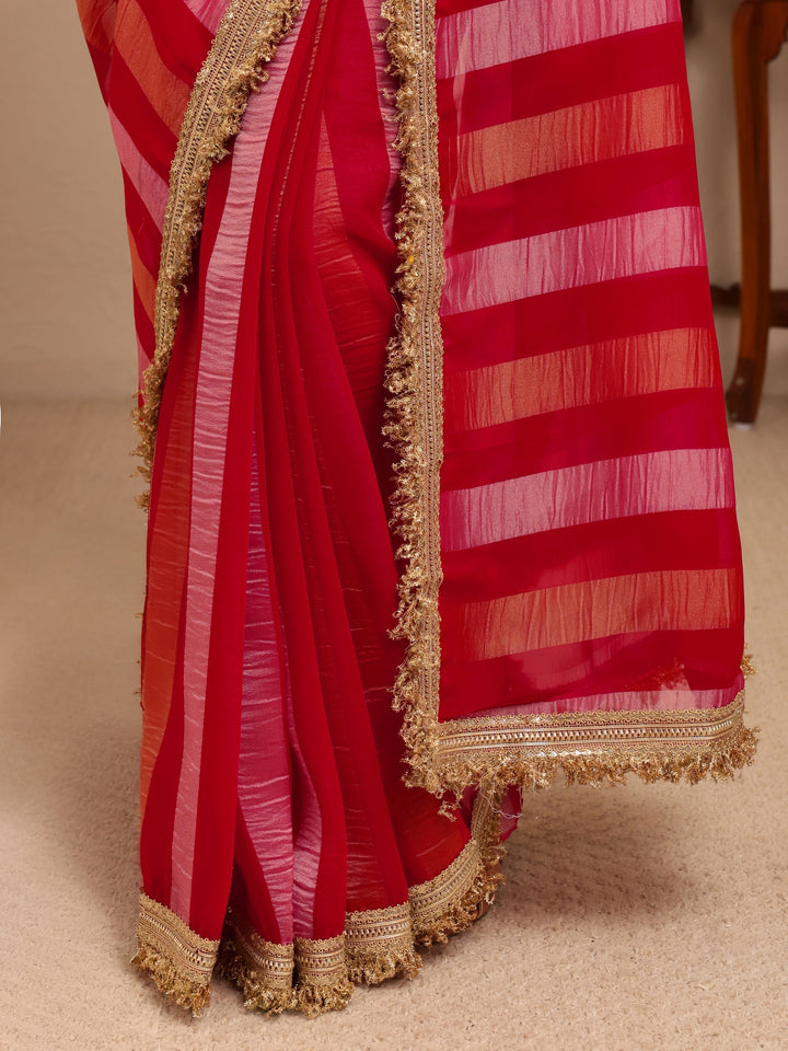 Libas Pink Striped Woven Design Tissue Saree