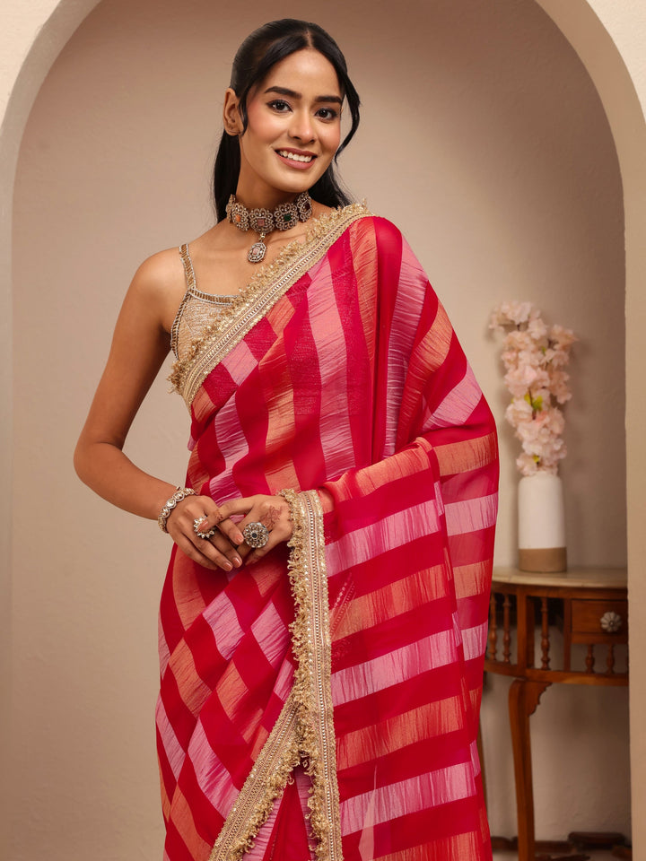Libas Pink Striped Woven Design Tissue Saree