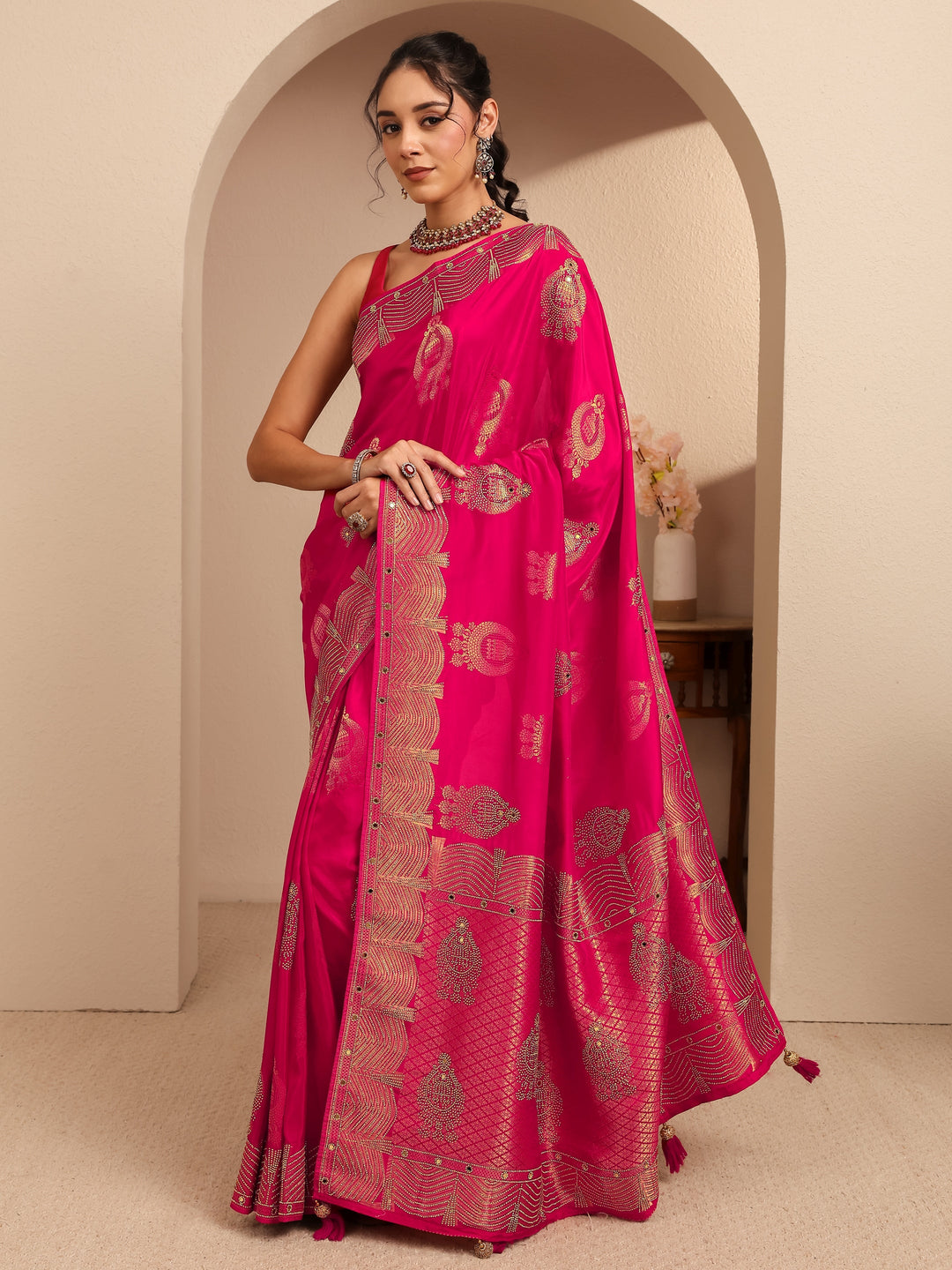 Libas Art Rose Pink  Embellished Silk Blend Saree