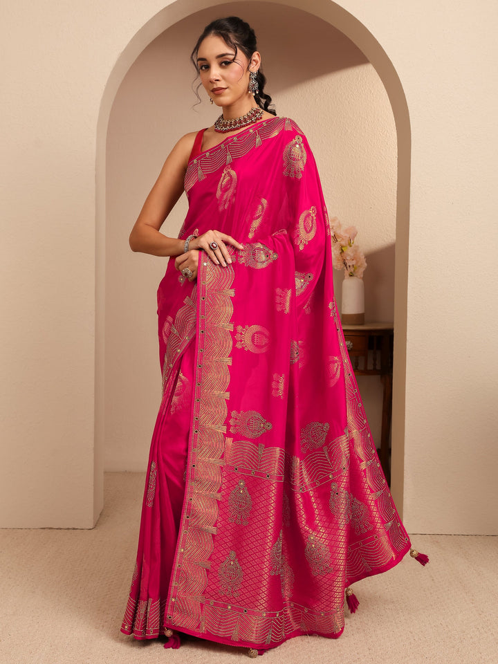 Libas Art Rose Pink  Embellished Silk Blend Saree
