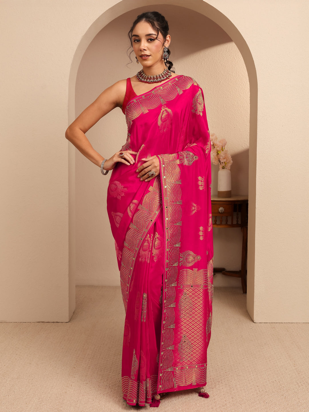 Libas Art Rose Pink  Embellished Silk Blend Saree