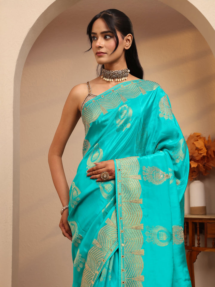 Libas Art Sea Green Embellished Silk Blend Saree