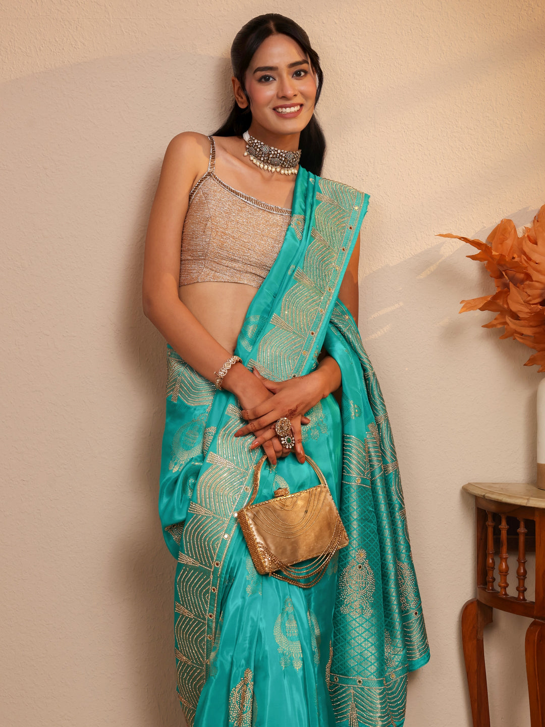 Libas Art Sea Green Embellished Silk Blend Saree