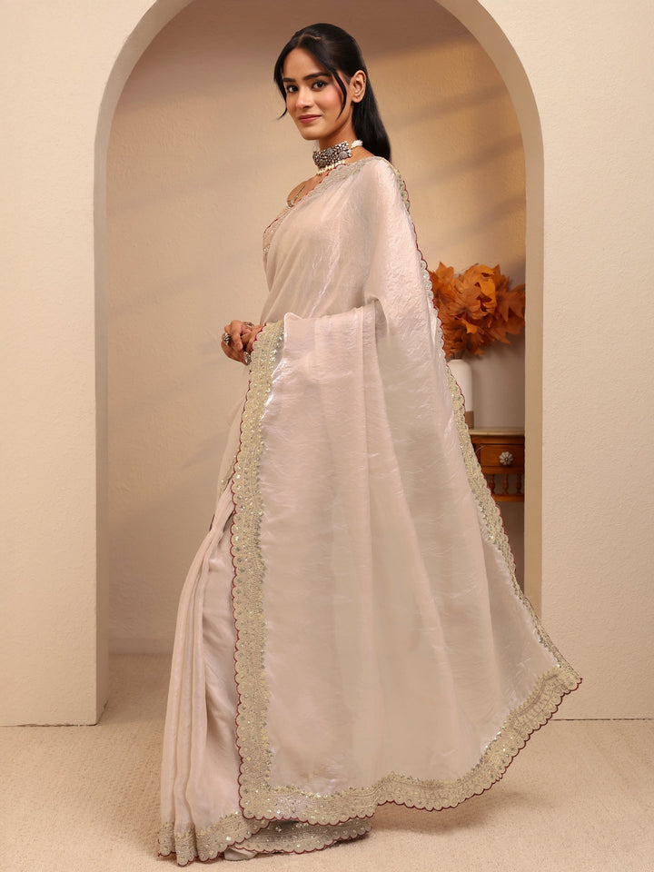 Libas Cream Embellished Tissue Saree