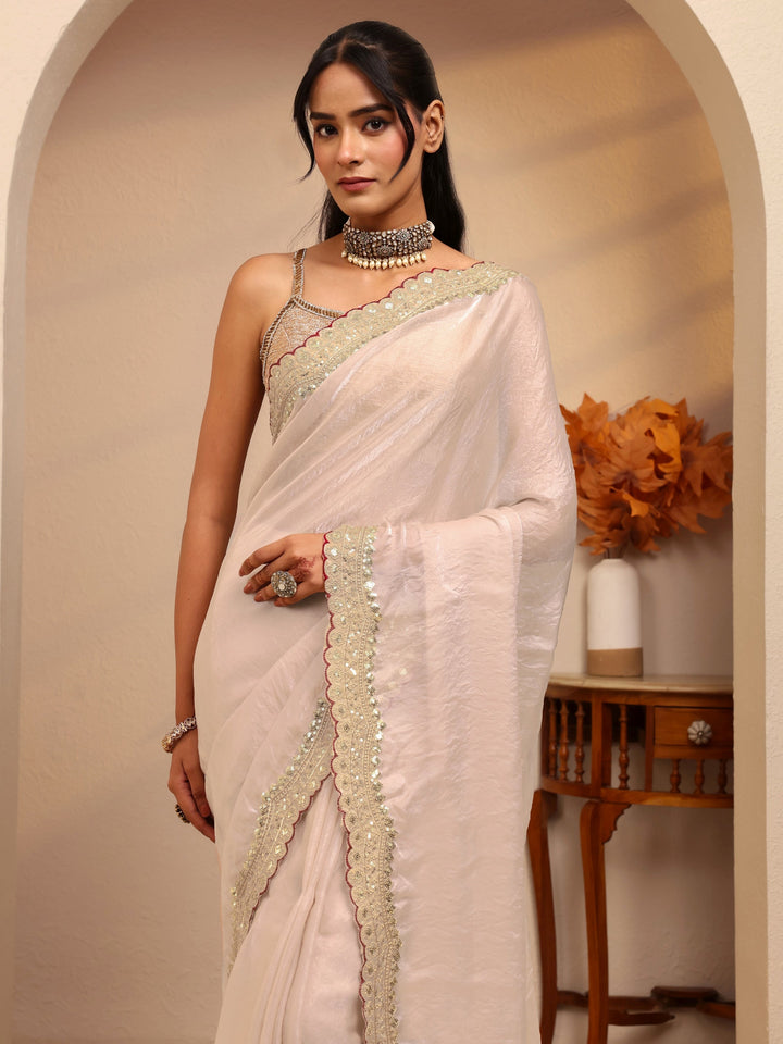 Libas Cream Embellished Tissue Saree