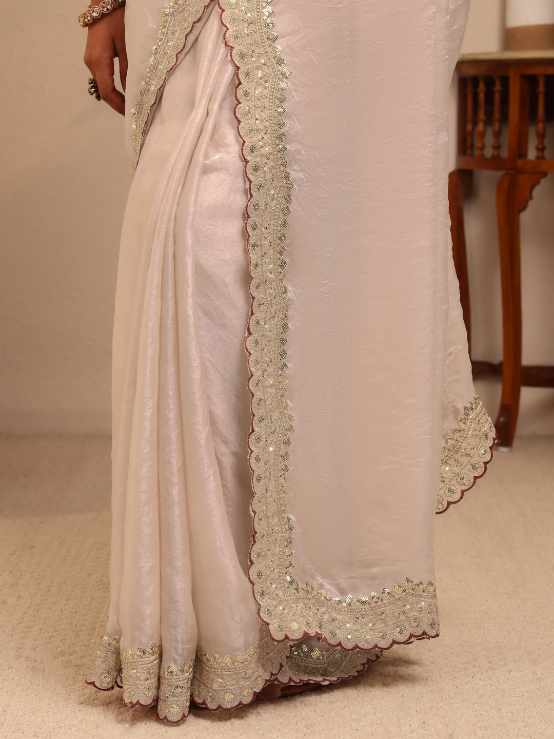 Libas Cream Embellished Tissue Saree