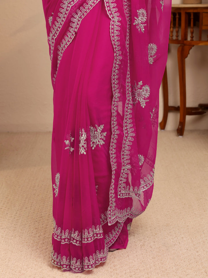 Libas Hot Pink Floral Embellished Chiffon Saree