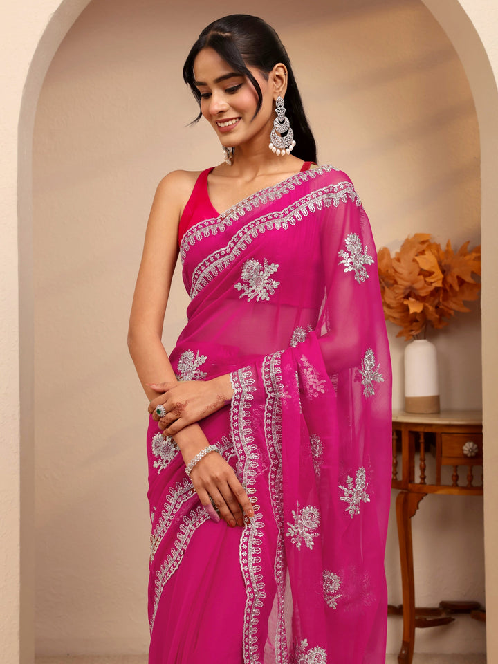 Libas Hot Pink Floral Embellished Chiffon Saree