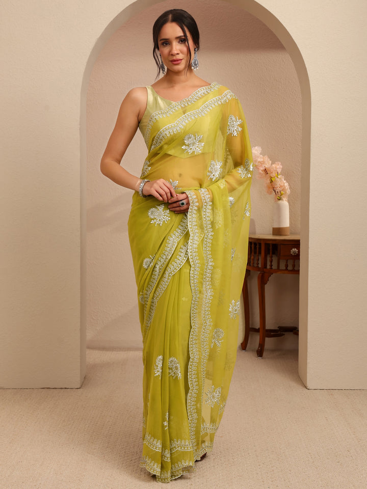 Libas Lime Green Floral Embellished Chiffon Saree