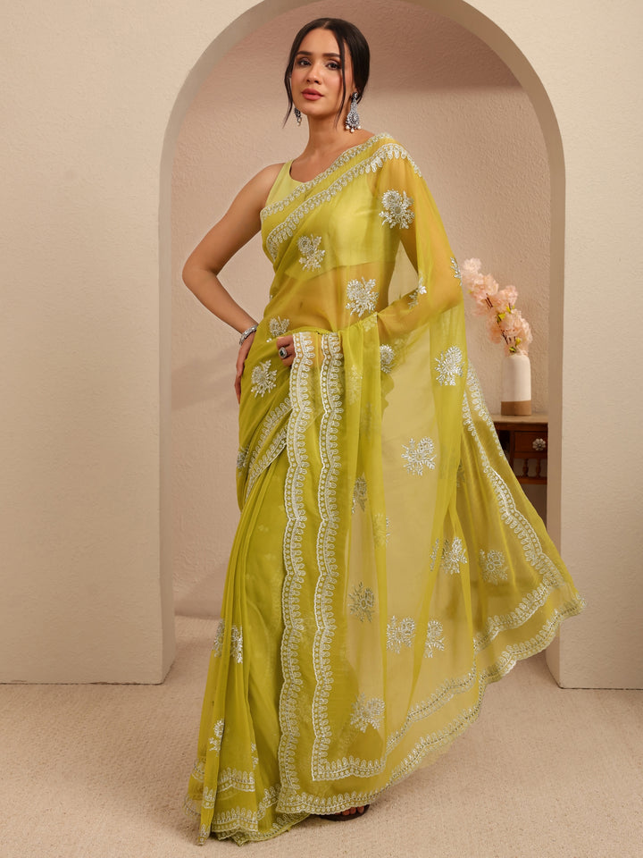 Libas Lime Green Floral Embellished Chiffon Saree