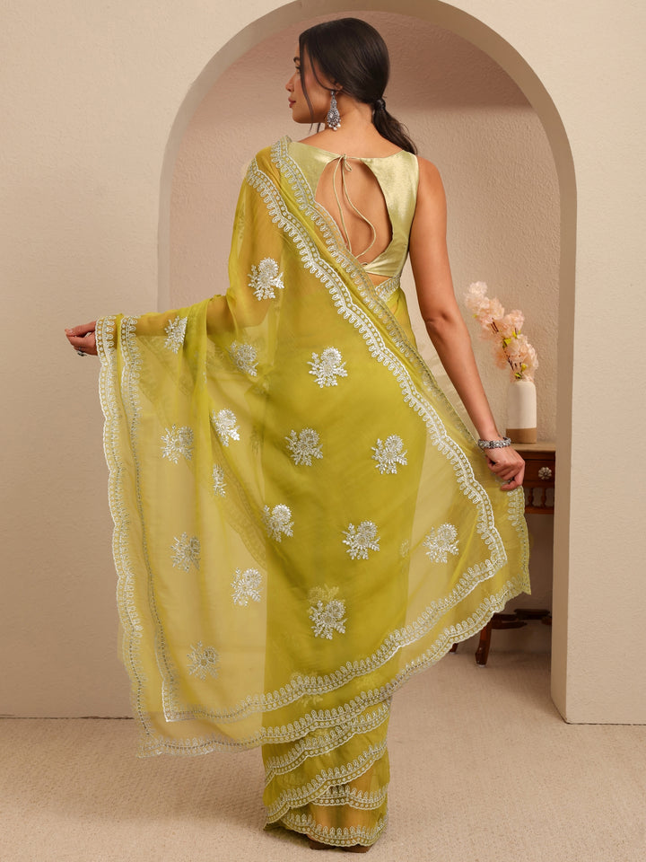 Libas Lime Green Floral Embellished Chiffon Saree