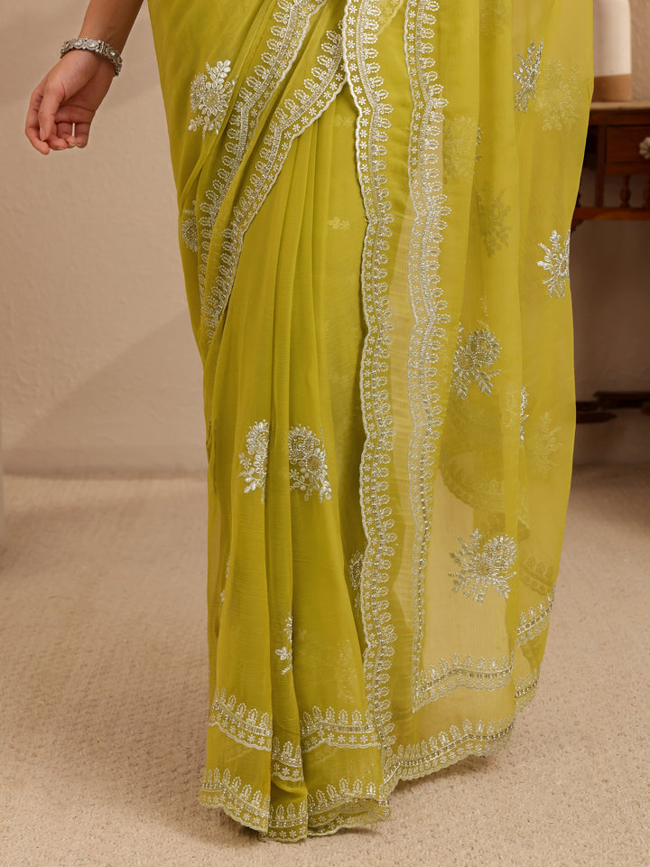 Libas Lime Green Floral Embellished Chiffon Saree