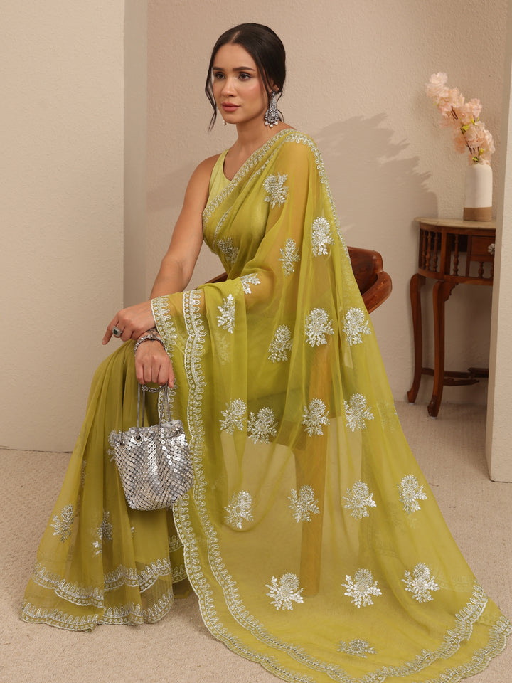 Libas Lime Green Floral Embellished Chiffon Saree
