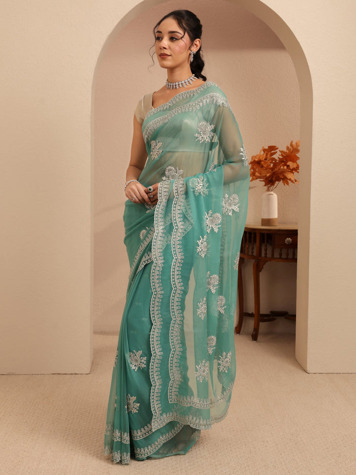 Libas Sea Green Floral Embellished Chiffon Saree