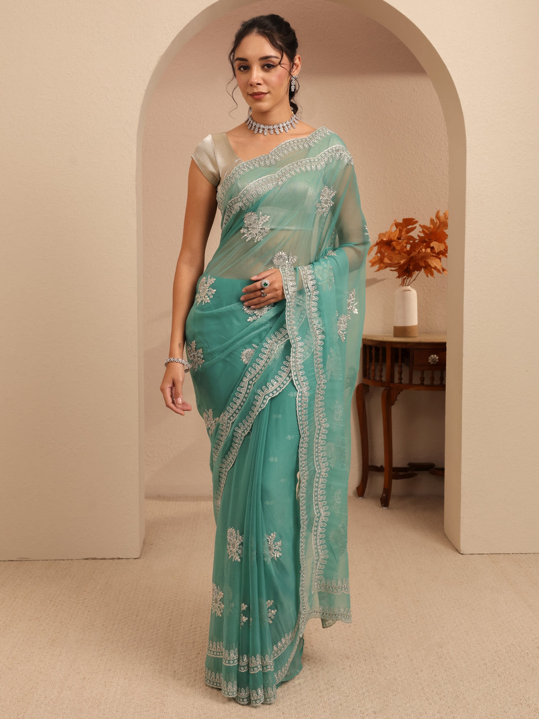Libas Sea Green Floral Embellished Chiffon Saree
