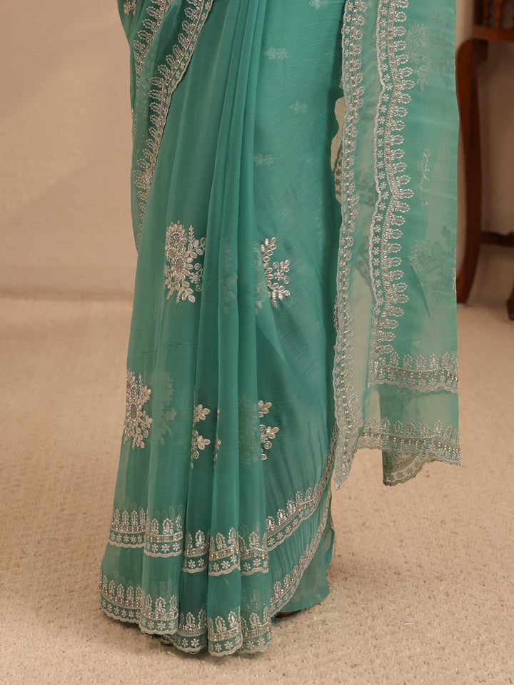 Libas Sea Green Floral Embellished Chiffon Saree