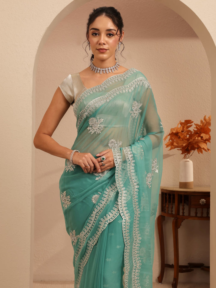 Libas Sea Green Floral Embellished Chiffon Saree