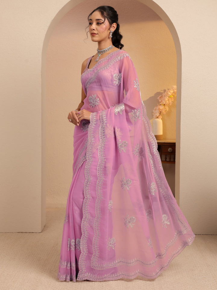 Libas Periwinkle Pink Floral Embellished Chiffon Saree