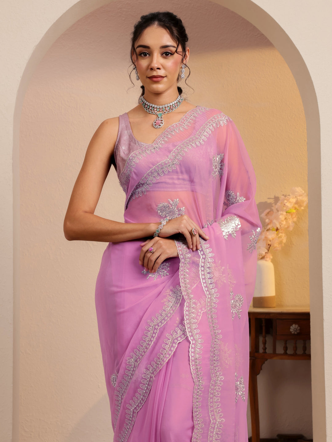 Libas Periwinkle Pink Floral Embellished Chiffon Saree