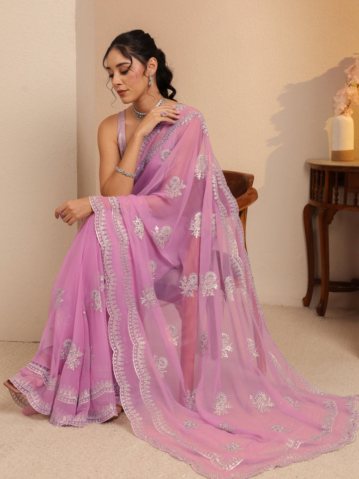 Libas Periwinkle Pink Floral Embellished Chiffon Saree